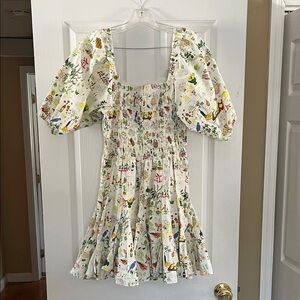 Rhode Painterly Tropical Print Puff Sleeve Dress